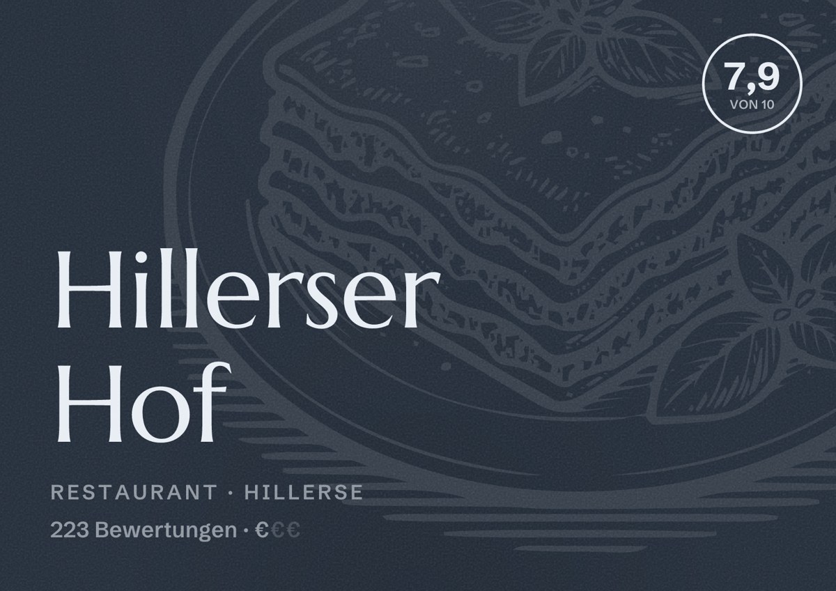 Illustriertes Poster von Hillerser Hof, Restaurant in Hillerse: Bewertung 7,9 von 10 aus 223 Bewertungen, Preisniveau €