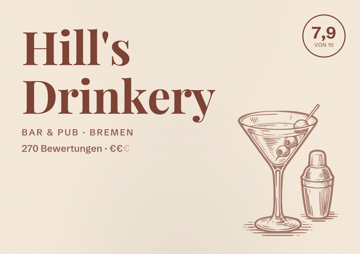 Illustriertes Poster von Hill's Drinkery, Bar & Pub in Bremen: Bewertung 7,9 von 10 aus 270 Bewertungen, Preisniveau €€