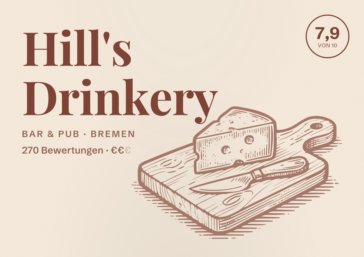 Illustriertes Poster von Hill's Drinkery, Bar & Pub in Bremen: Bewertung 7,9 von 10 aus 270 Bewertungen, Preisniveau €€