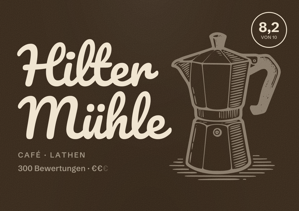 Illustriertes Poster von Hilter Mühle, Café in Lathen: Bewertung 8,2 von 10 aus 300 Bewertungen, Preisniveau €€