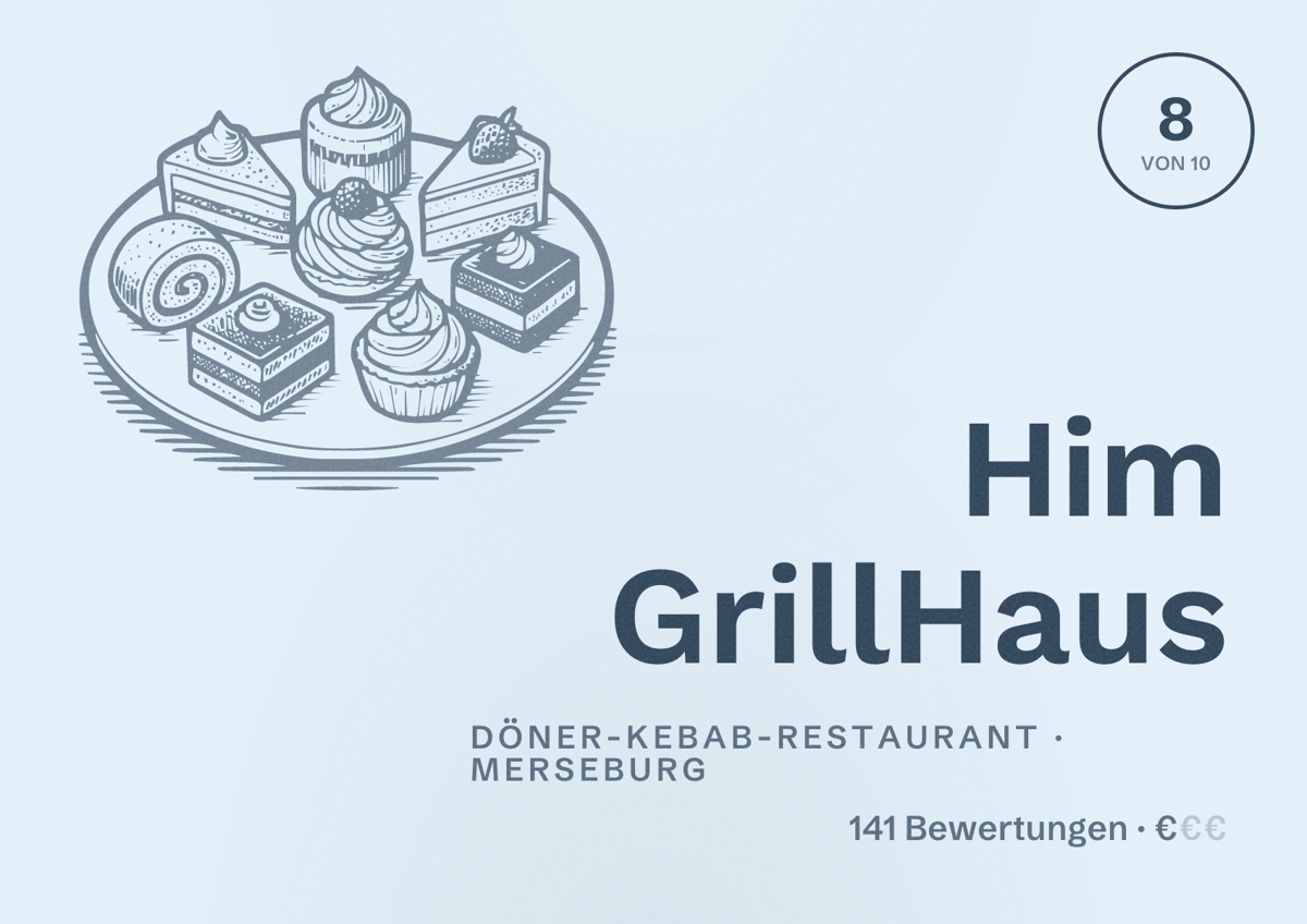 Illustriertes Poster von Him GrillHaus, Döner-Kebab-Restaurant in Merseburg: Bewertung 8 von 10 aus 141 Bewertungen, Preisniveau €