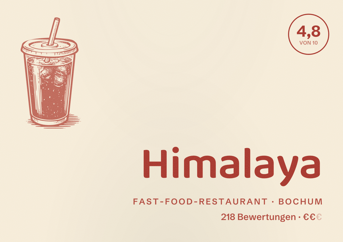 Illustriertes Poster von Himalaya, Fast-Food-Restaurant in Bochum: Bewertung 4,8 von 10 aus 218 Bewertungen, Preisniveau €€