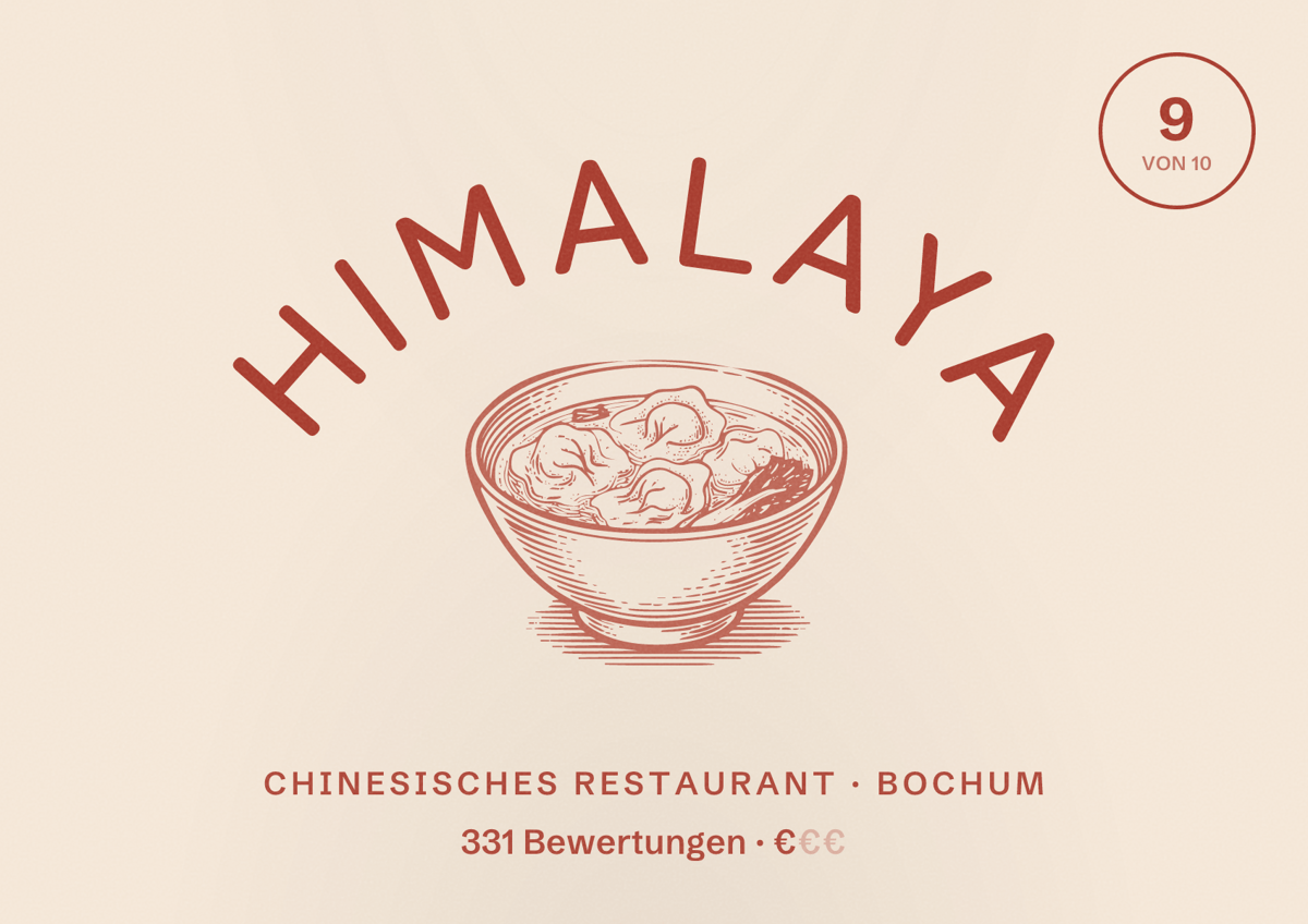 Illustriertes Poster von Himalaya, Chinesisches Restaurant in Bochum: Bewertung 9 von 10 aus 331 Bewertungen, Preisniveau €