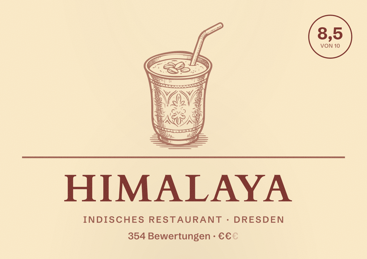 Illustriertes Poster von Himalaya, Indisches Restaurant in Dresden: Bewertung 8,5 von 10 aus 354 Bewertungen, Preisniveau €€