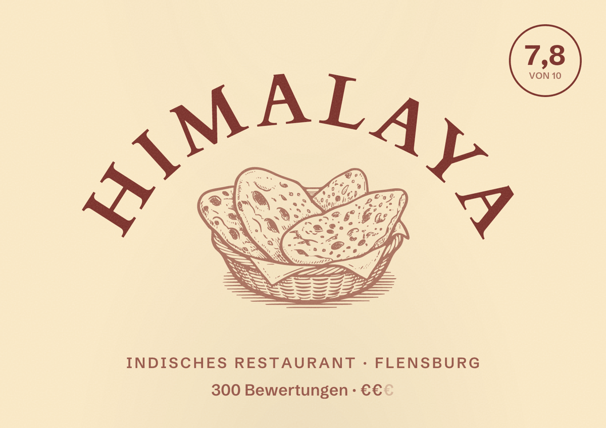 Illustriertes Poster von Himalaya, Indisches Restaurant in Flensburg: Bewertung 7,8 von 10 aus 300 Bewertungen, Preisniveau €€