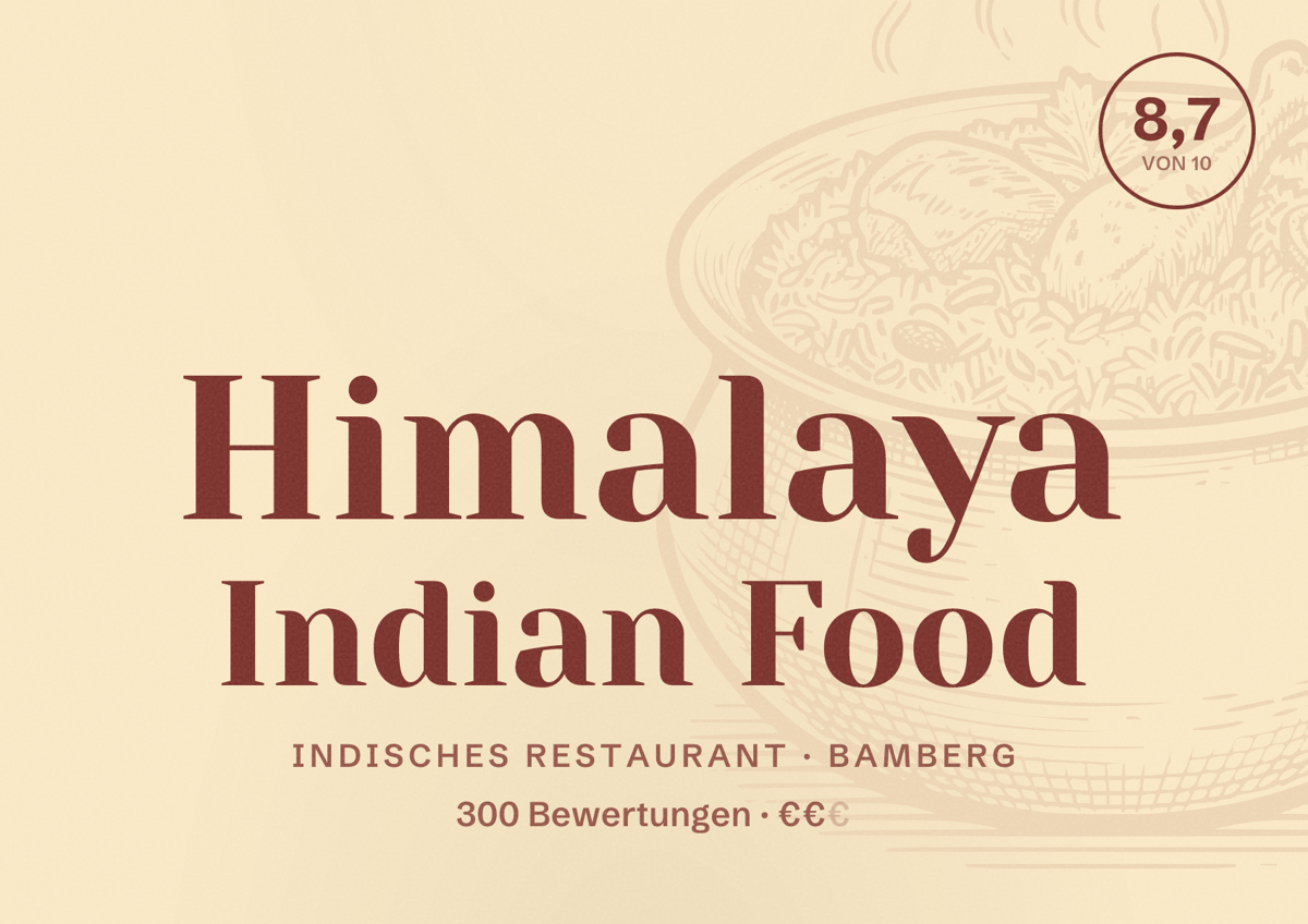 Illustriertes Poster von Himalaya Indian Food, Indisches Restaurant in Bamberg: Bewertung 8,7 von 10 aus 300 Bewertungen, Preisniveau €€
