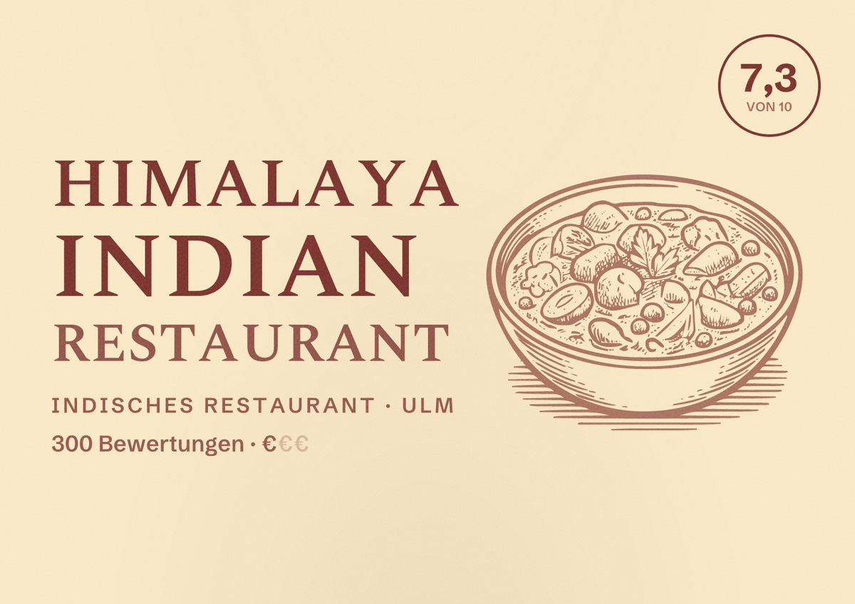 Illustriertes Poster von Himalaya Indian Restaurant, Indisches Restaurant in Ulm: Bewertung 7,3 von 10 aus 300 Bewertungen, Preisniveau €