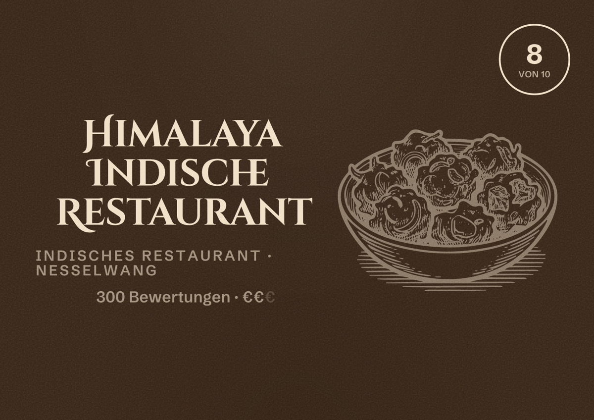 Illustriertes Poster von Himalaya Indische Restaurant, Indisches Restaurant in Nesselwang: Bewertung 8 von 10 aus 300 Bewertungen, Preisniveau €€