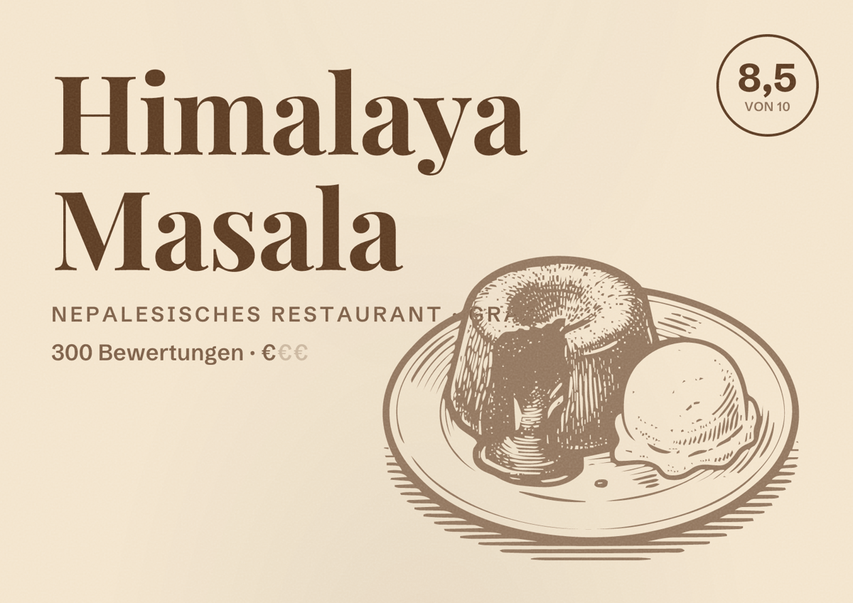 Illustriertes Poster von Himalaya Masala, Nepalesisches Restaurant in Graz: Bewertung 8,5 von 10 aus 300 Bewertungen, Preisniveau €