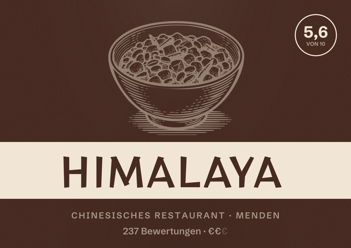 Illustriertes Poster von Himalaya, Chinesisches Restaurant in Menden: Bewertung 5,6 von 10 aus 237 Bewertungen, Preisniveau €€