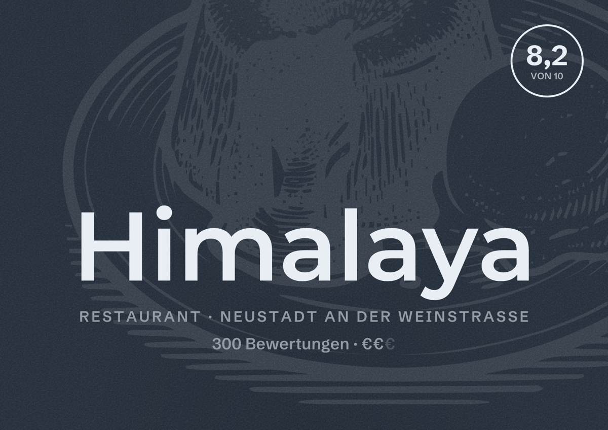 Illustriertes Poster von Himalaya, Restaurant in Neustadt an der Weinstraße: Bewertung 8,2 von 10 aus 300 Bewertungen, Preisniveau €€