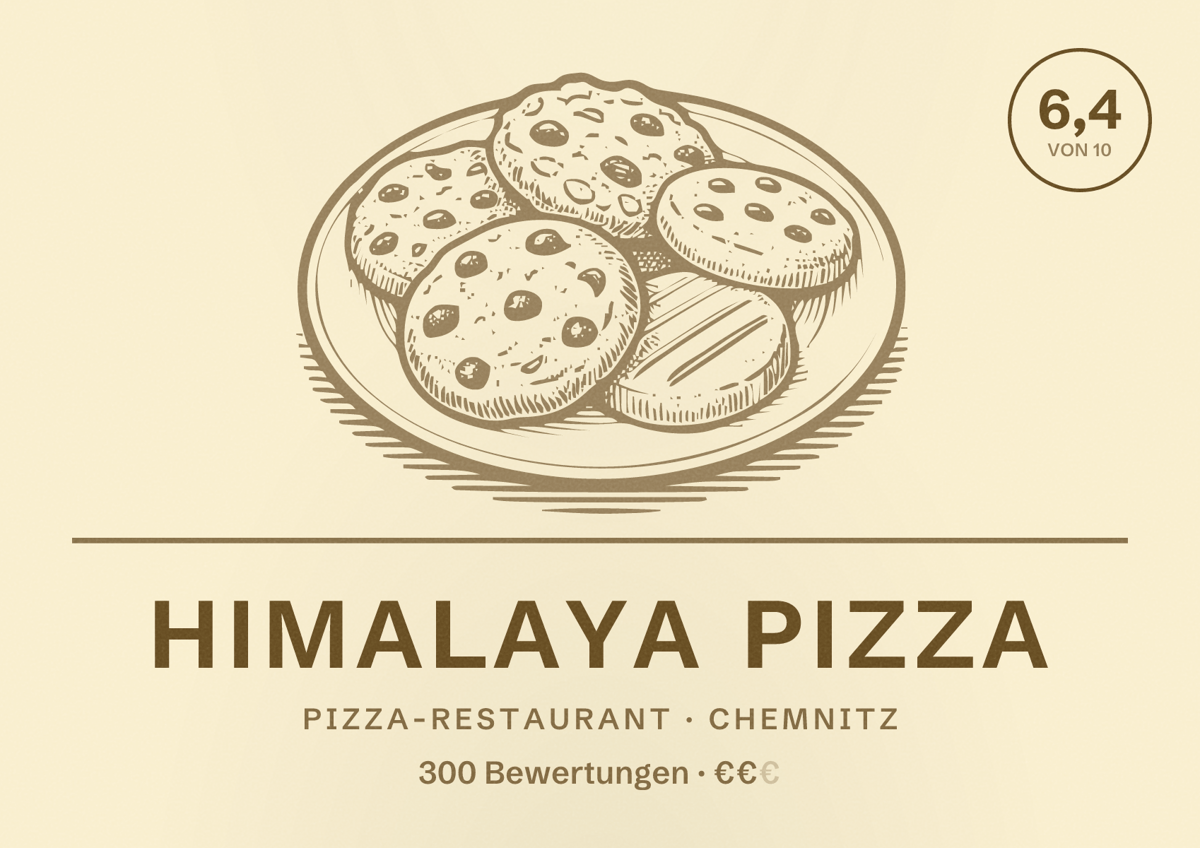 Illustriertes Poster von Himalaya pizza, Pizza-Restaurant in Chemnitz: Bewertung 6,4 von 10 aus 300 Bewertungen, Preisniveau €€
