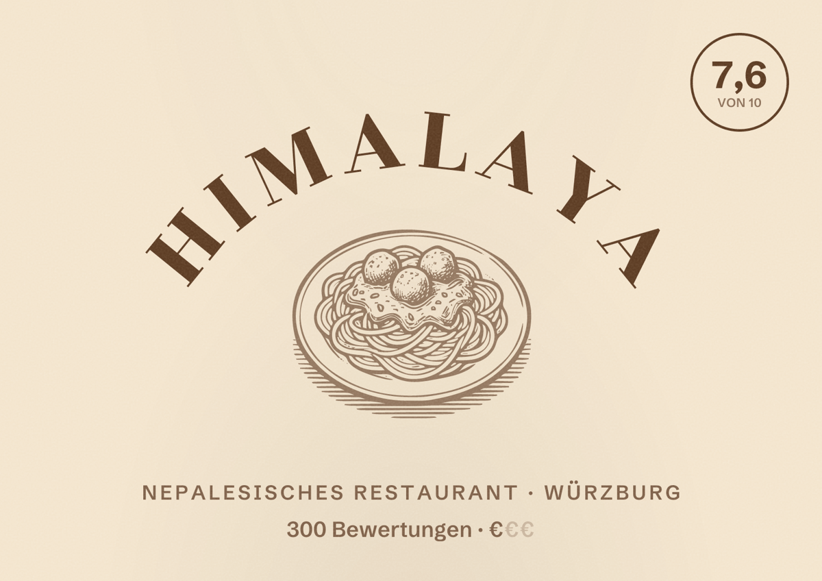 Illustriertes Poster von Himalaya, Nepalesisches Restaurant in Würzburg: Bewertung 7,6 von 10 aus 300 Bewertungen, Preisniveau €