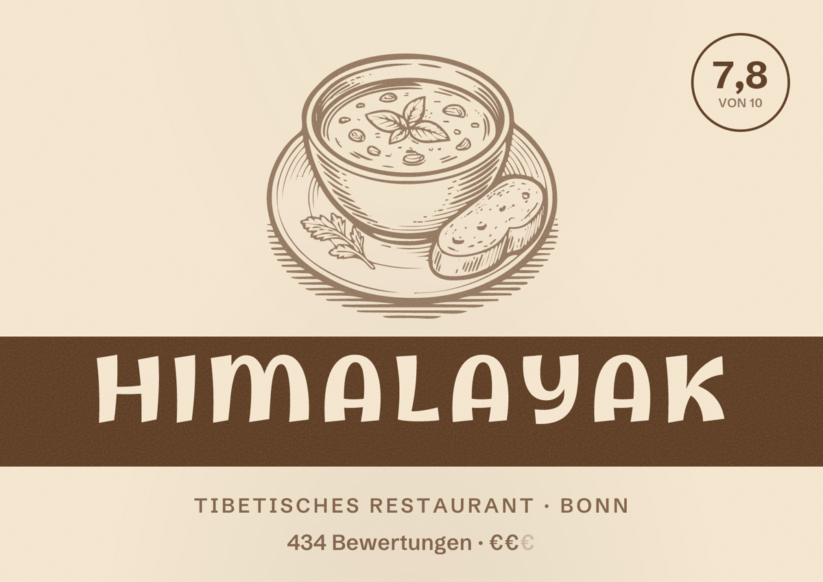 Illustriertes Poster von Himalayak, Tibetisches Restaurant in Bonn: Bewertung 7,8 von 10 aus 434 Bewertungen, Preisniveau €€