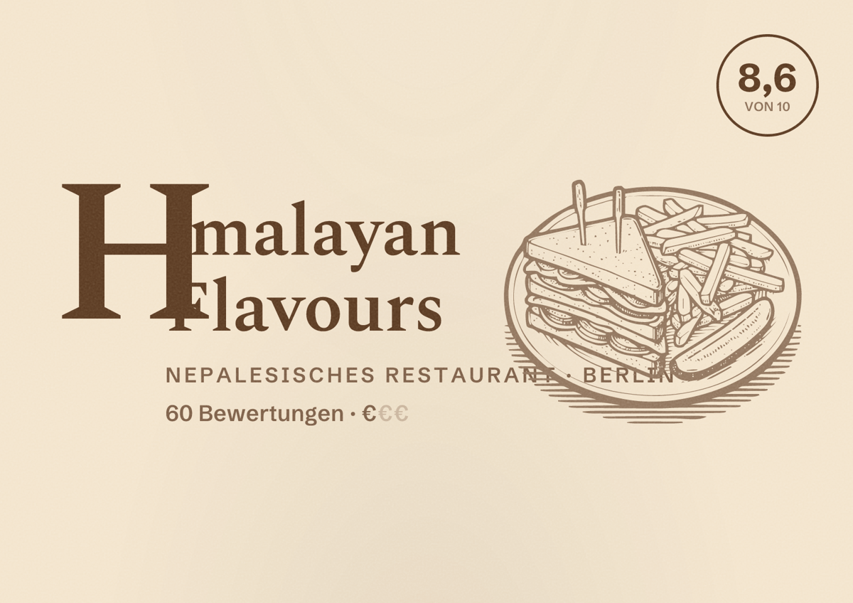 Illustriertes Poster von Himalayan Flavours, Nepalesisches Restaurant in Berlin: Bewertung 8,6 von 10 aus 60 Bewertungen, Preisniveau €