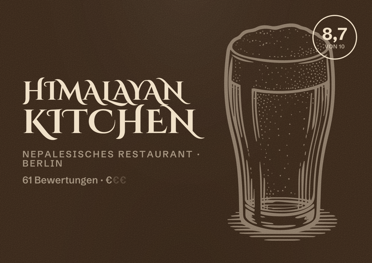 Illustriertes Poster von Himalayan kitchen, Nepalesisches Restaurant in Berlin: Bewertung 8,7 von 10 aus 61 Bewertungen, Preisniveau €