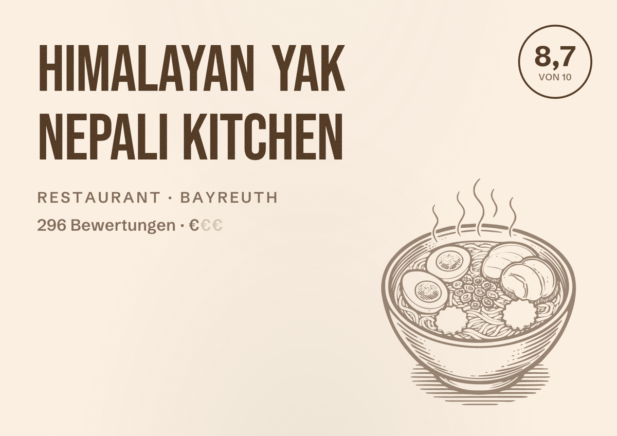 Illustriertes Poster von Himalayan Yak Nepali Kitchen, Restaurant in Bayreuth: Bewertung 8,7 von 10 aus 296 Bewertungen, Preisniveau €