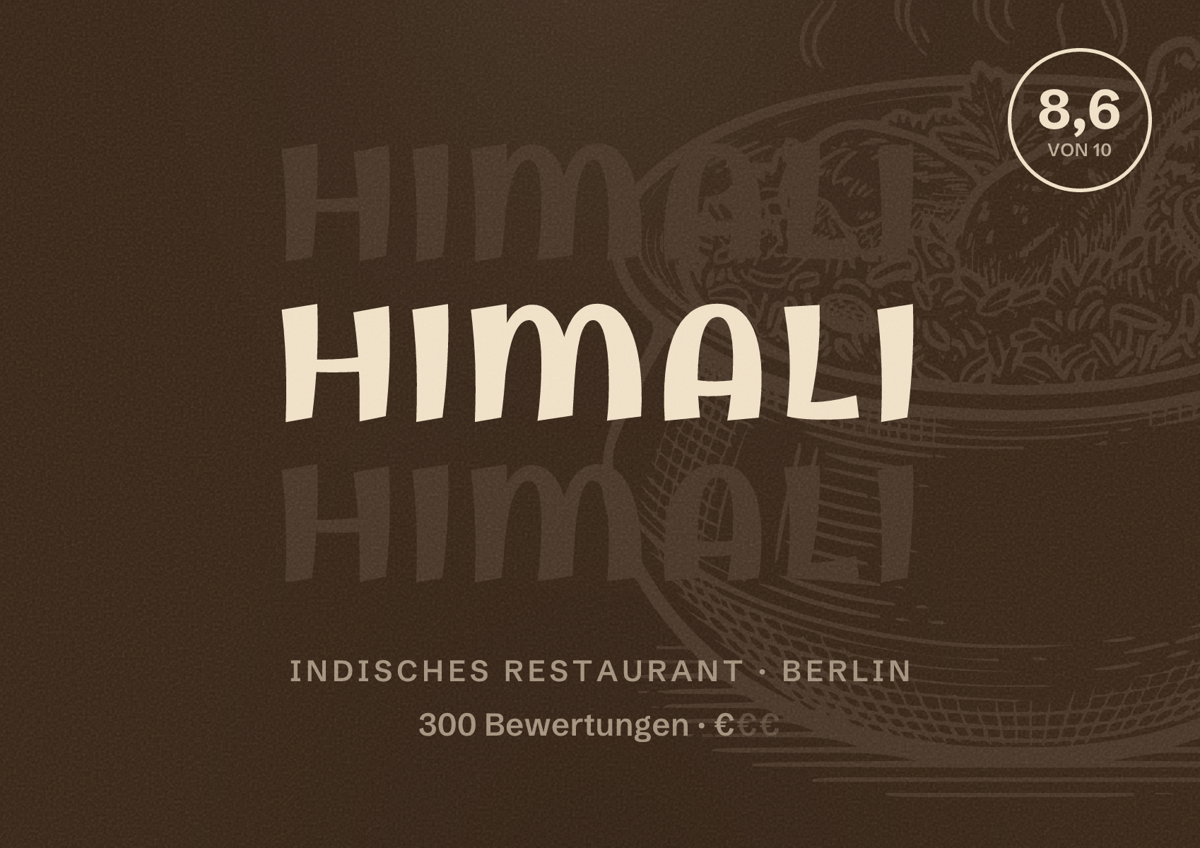 Illustriertes Poster von Himali, Indisches Restaurant in Berlin: Bewertung 8,6 von 10 aus 300 Bewertungen, Preisniveau €