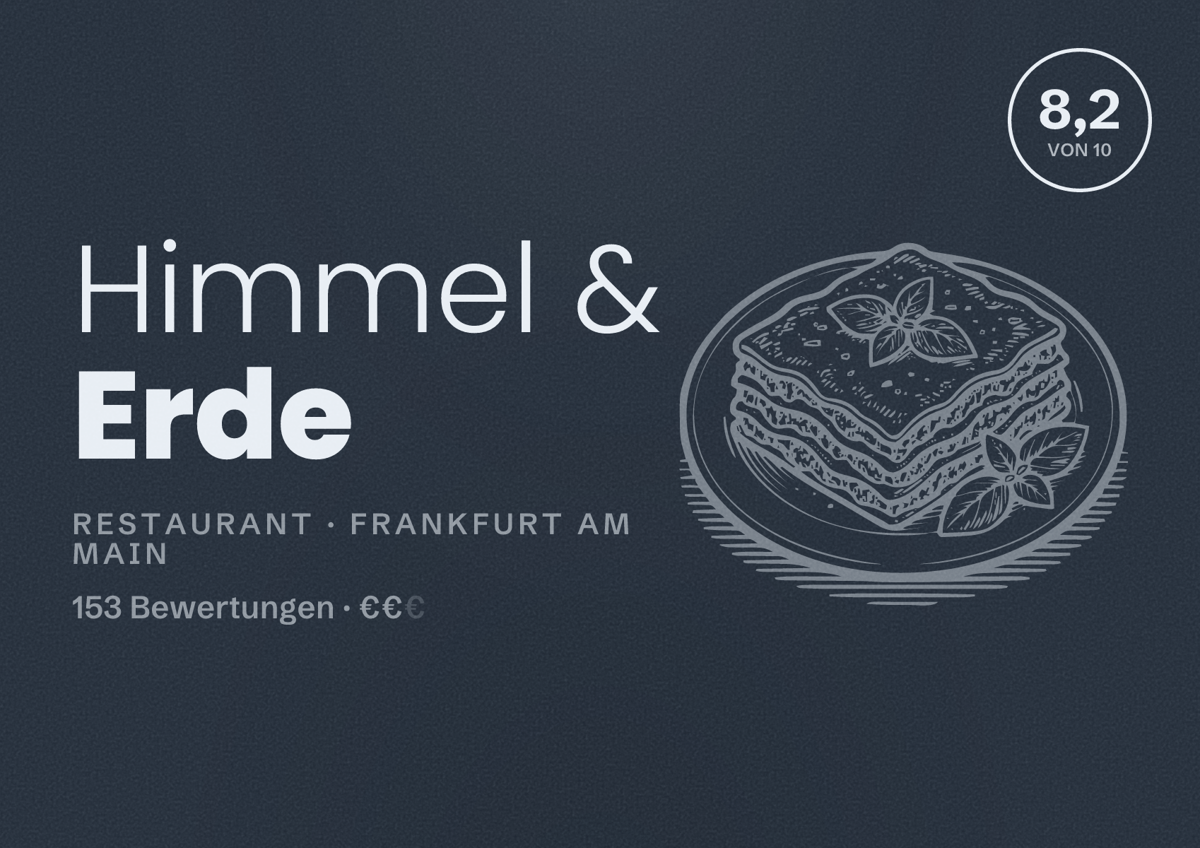 Illustriertes Poster von Himmel & Erde, Restaurant in Frankfurt am Main: Bewertung 8,2 von 10 aus 153 Bewertungen, Preisniveau €€