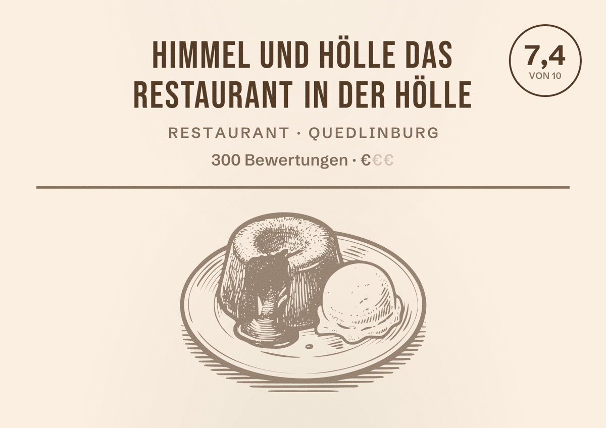 Illustriertes Poster von Himmel und Hölle das Restaurant in der Hölle, Restaurant in Quedlinburg: Bewertung 7,4 von 10 aus 300 Bewertungen, Preisniveau €