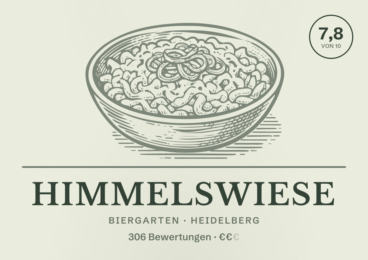 Illustriertes Poster von Himmelswiese, Biergarten in Heidelberg: Bewertung 7,8 von 10 aus 306 Bewertungen, Preisniveau €€