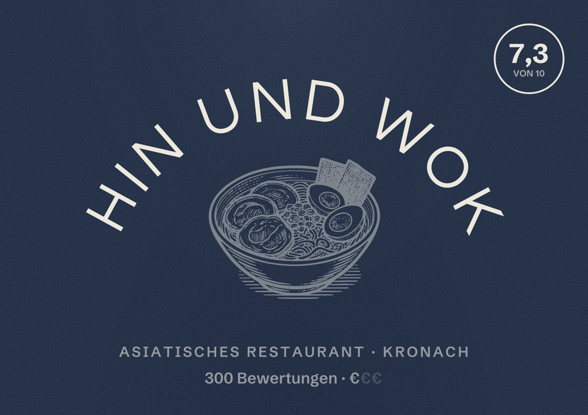 Illustriertes Poster von Hin und Wok, Asiatisches Restaurant in Kronach: Bewertung 7,3 von 10 aus 300 Bewertungen, Preisniveau €