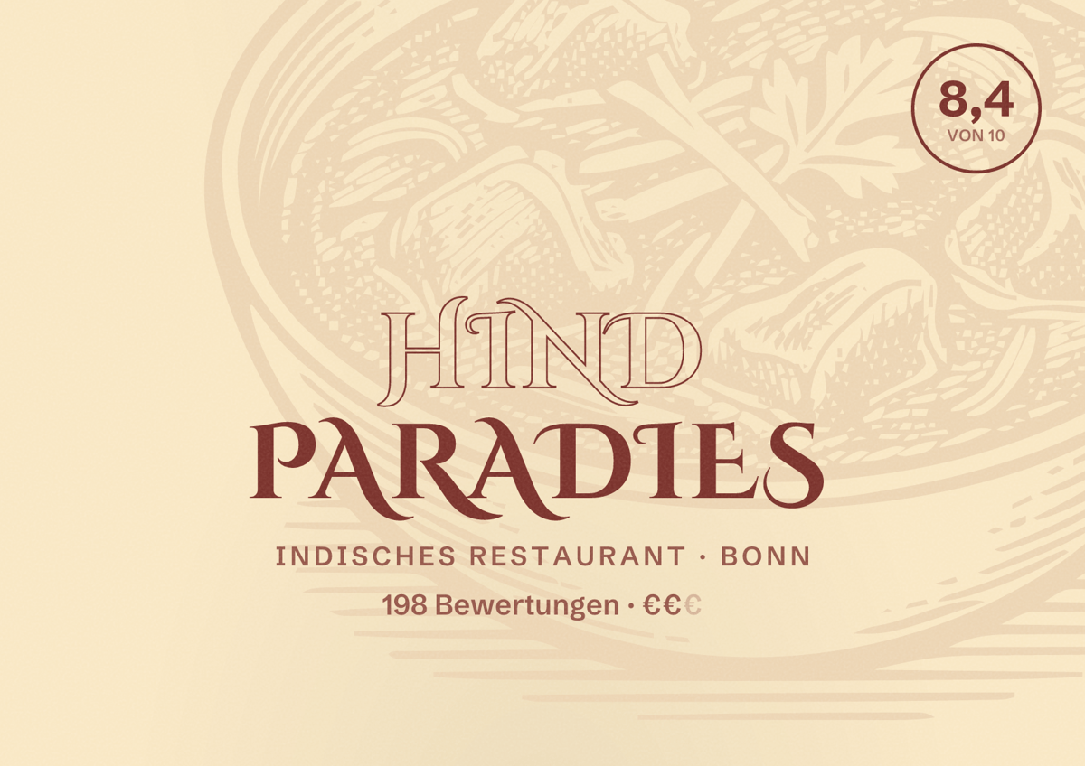 Illustriertes Poster von Hind Paradies, Indisches Restaurant in Bonn: Bewertung 8,4 von 10 aus 198 Bewertungen, Preisniveau €€