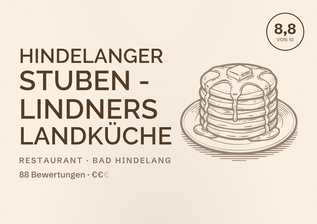 Illustriertes Poster von Hindelanger Stuben - Lindners Landküche, Restaurant in Bad Hindelang: Bewertung 8,8 von 10 aus 88 Bewertungen, Preisniveau €€