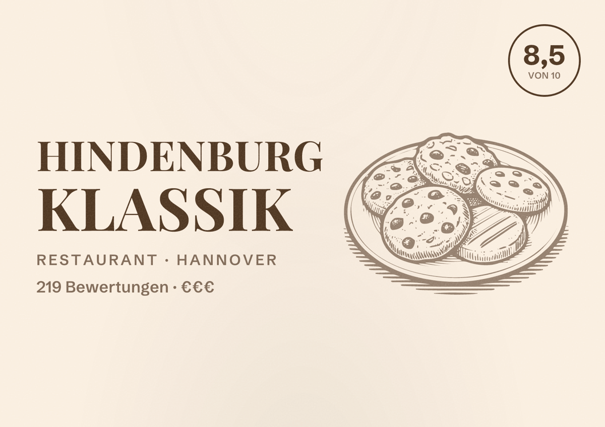 Illustriertes Poster von Hindenburg Klassik, Restaurant in Hannover: Bewertung 8,5 von 10 aus 219 Bewertungen, Preisniveau €€€