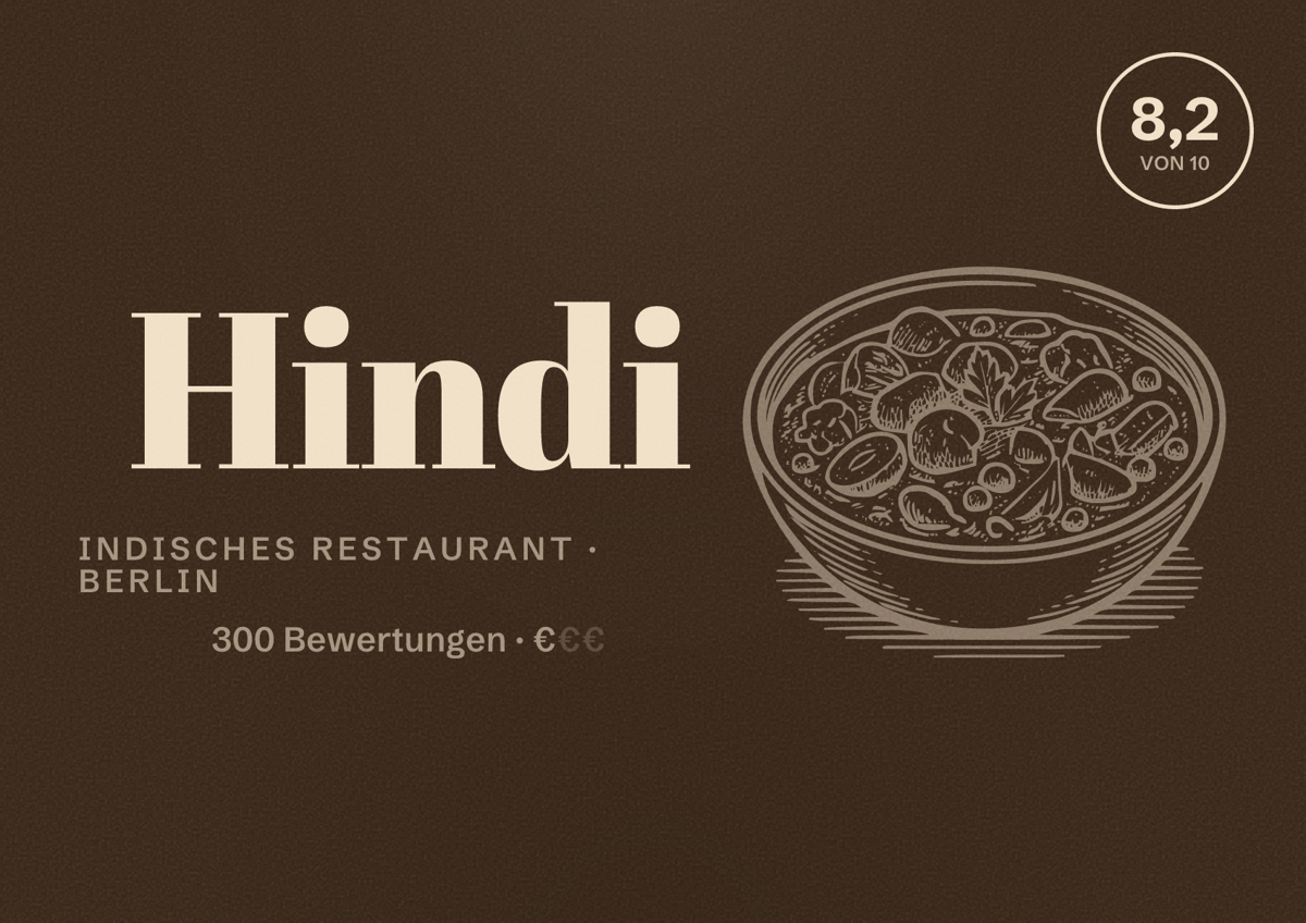 Illustriertes Poster von Hindi, Indisches Restaurant in Berlin: Bewertung 8,2 von 10 aus 300 Bewertungen, Preisniveau €