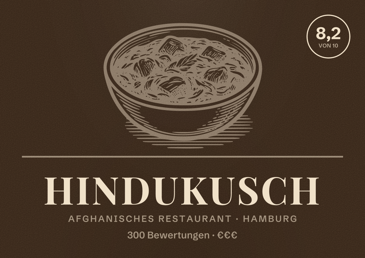 Illustriertes Poster von Hindukusch, Afghanisches Restaurant in Hamburg: Bewertung 8,2 von 10 aus 300 Bewertungen, Preisniveau €€€