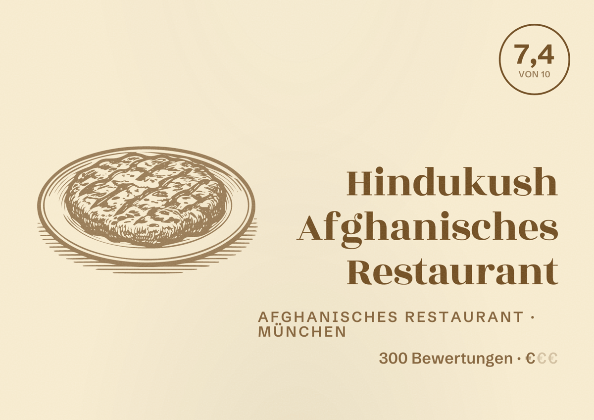 Illustriertes Poster von Hindukush Afghanisches Restaurant, Afghanisches Restaurant in München: Bewertung 7,4 von 10 aus 300 Bewertungen, Preisniveau €