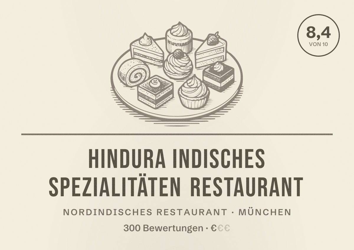 Illustriertes Poster von Hindura Indisches Spezialitäten Restaurant, Nordindisches Restaurant in München: Bewertung 8,4 von 10 aus 300 Bewertungen, Preisniveau €