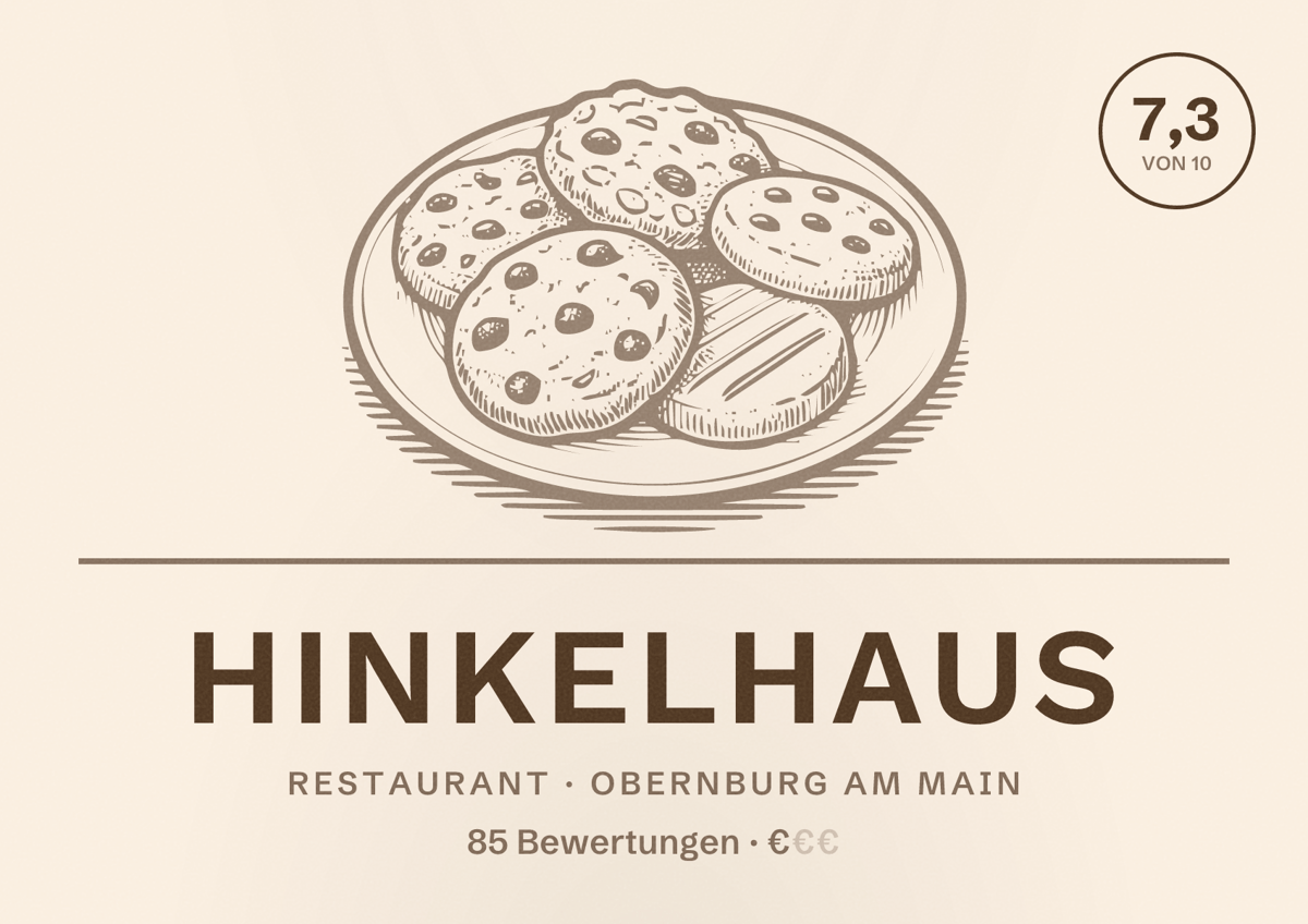 Illustriertes Poster von Hinkelhaus, Restaurant in Obernburg am Main: Bewertung 7,3 von 10 aus 85 Bewertungen, Preisniveau €