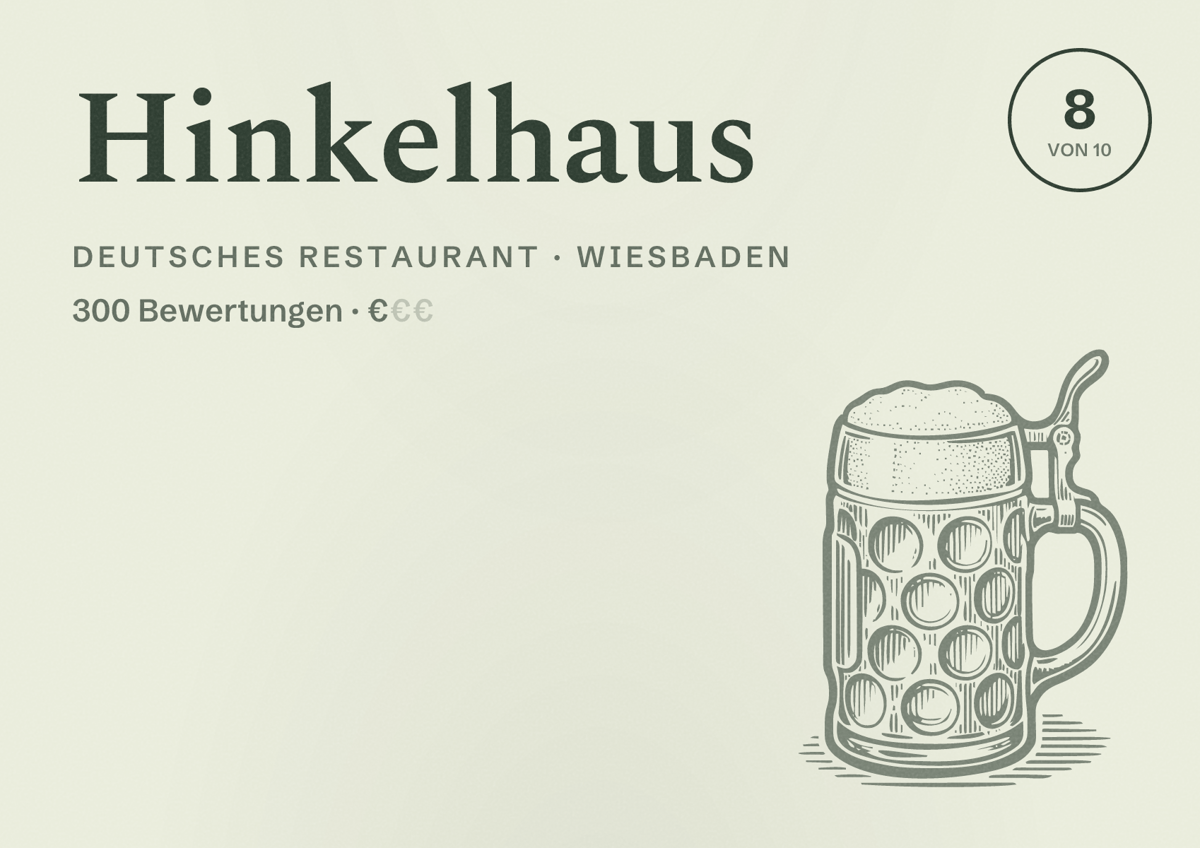 Illustriertes Poster von Hinkelhaus, Deutsches Restaurant in Wiesbaden: Bewertung 8,0 von 10 aus 300 Bewertungen, Preisniveau €