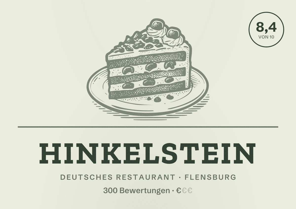 Illustriertes Poster von Hinkelstein, Deutsches Restaurant in Flensburg: Bewertung 8,4 von 10 aus 300 Bewertungen, Preisniveau €