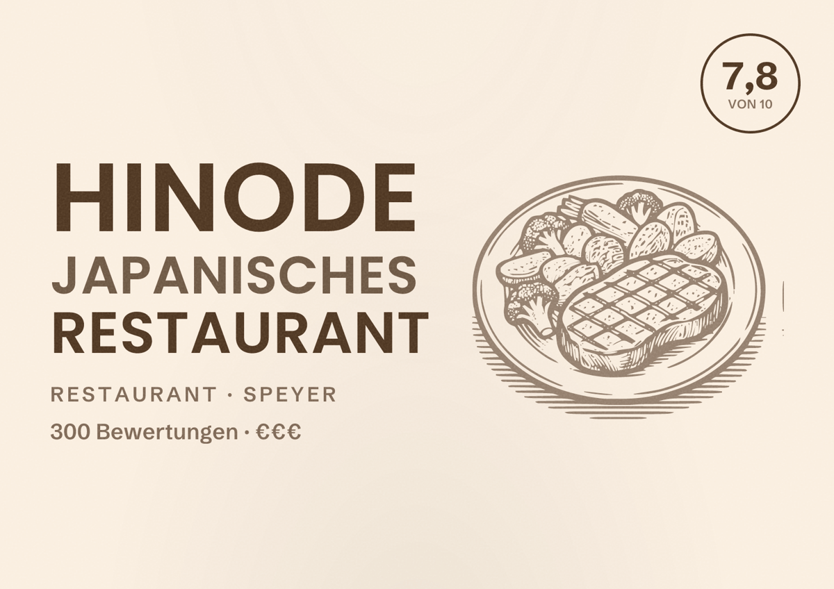 Illustriertes Poster von Hinode Japanisches Restaurant, Restaurant in Speyer: Bewertung 7,8 von 10 aus 300 Bewertungen, Preisniveau €€€