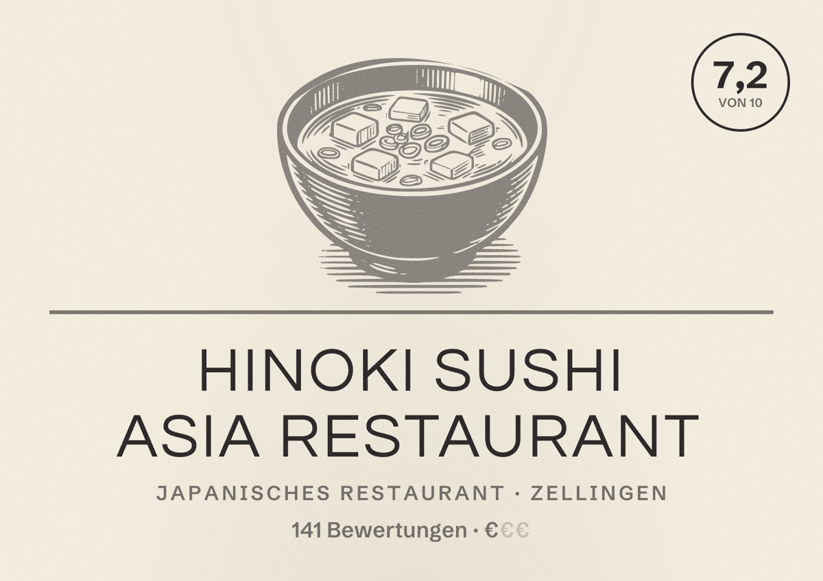 Illustriertes Poster von Hinoki Sushi Asia Restaurant, Japanisches Restaurant in Zellingen: Bewertung 7,2 von 10 aus 141 Bewertungen, Preisniveau €