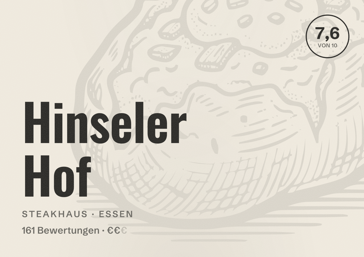 Illustriertes Poster von Hinseler Hof, Steakhaus in Essen: Bewertung 7,6 von 10 aus 161 Bewertungen, Preisniveau €€