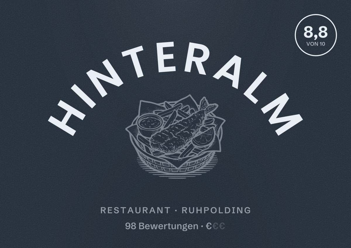 Illustriertes Poster von Hinteralm, Restaurant in Ruhpolding: Bewertung 8,8 von 10 aus 98 Bewertungen, Preisniveau €