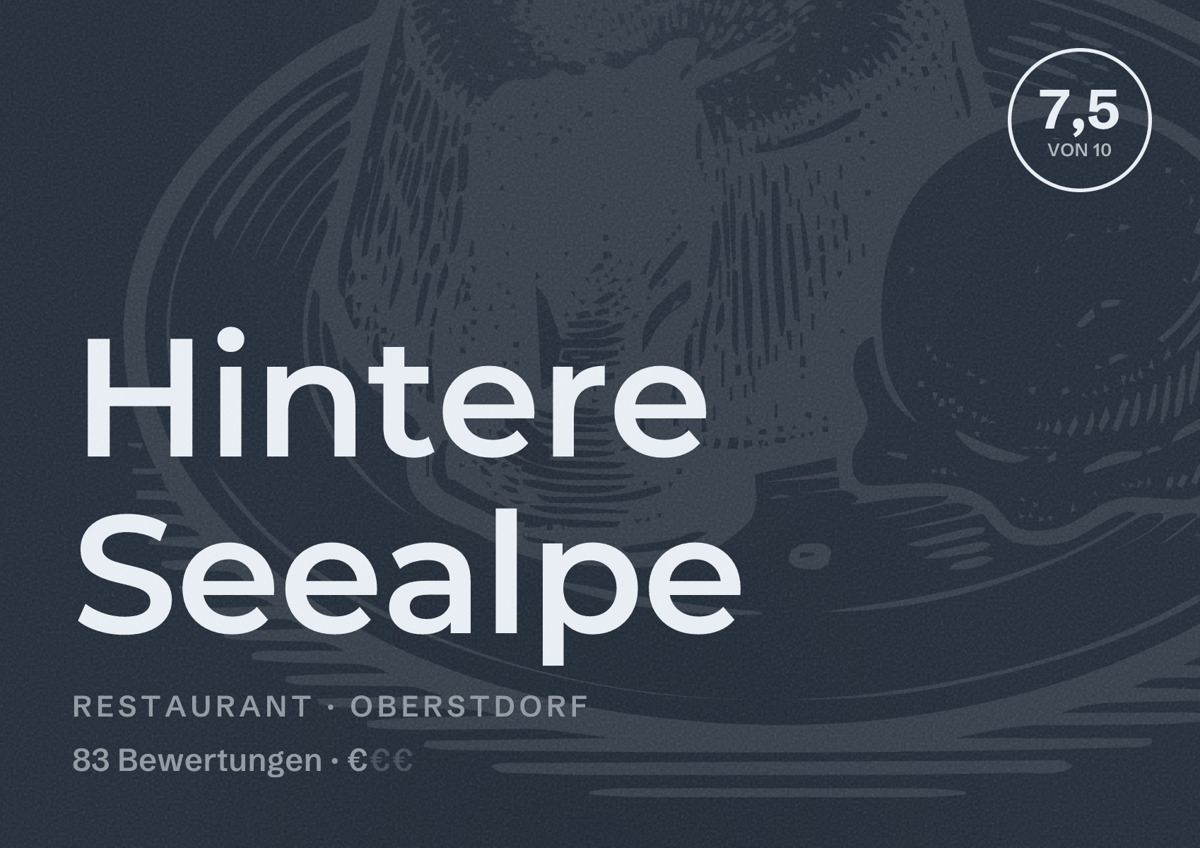 Illustriertes Poster von Hintere Seealpe, Restaurant in Oberstdorf: Bewertung 7,5 von 10 aus 83 Bewertungen, Preisniveau €