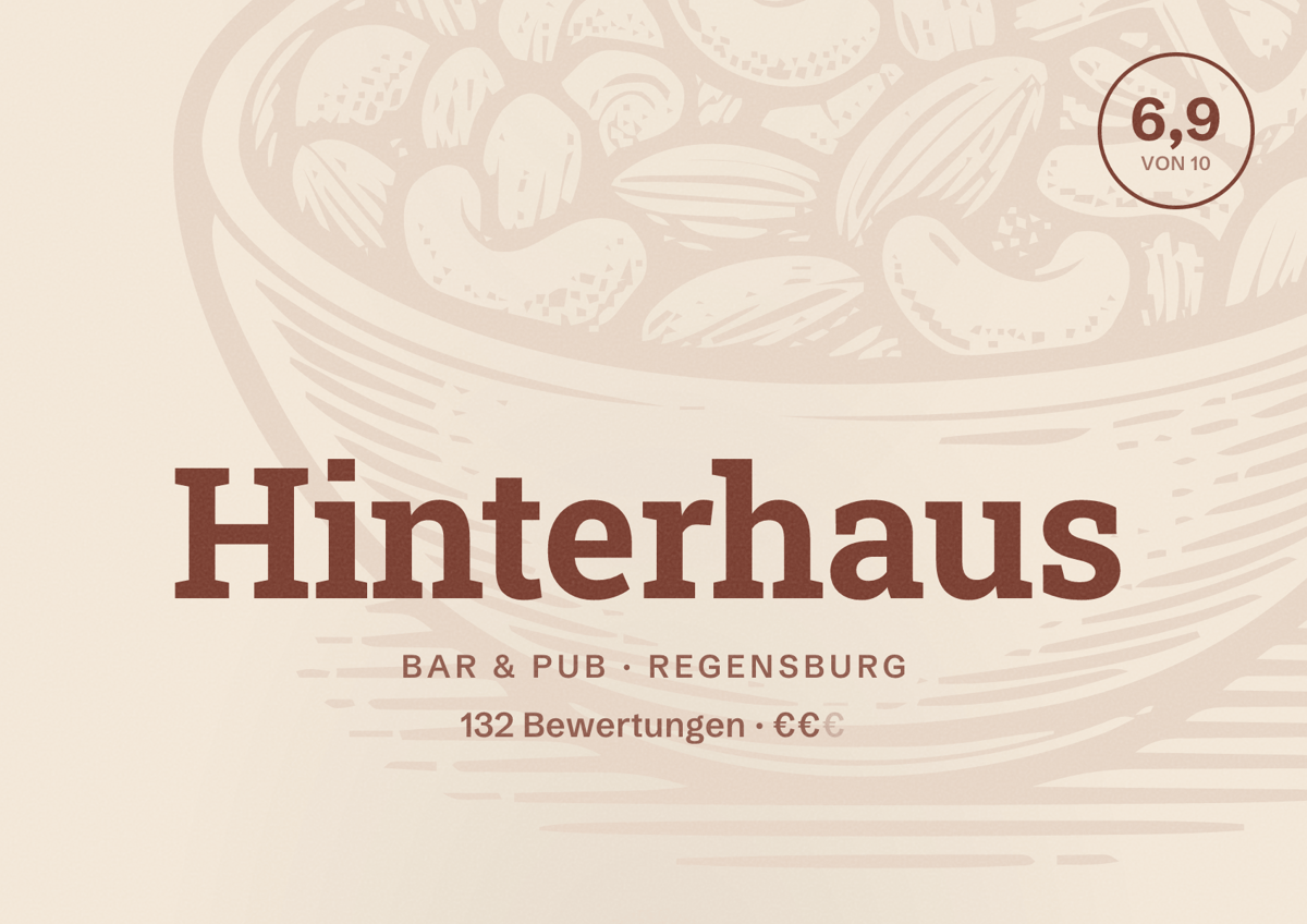 Illustriertes Poster von Hinterhaus, Bar & Pub in Regensburg: Bewertung 6,9 von 10 aus 132 Bewertungen, Preisniveau €€