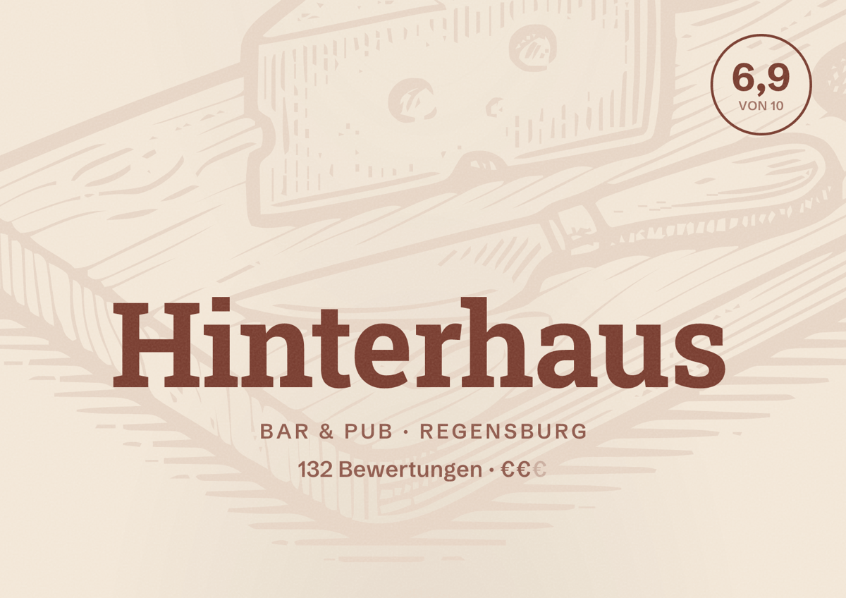 Illustriertes Poster von Hinterhaus, Bar & Pub in Regensburg: Bewertung 6,9 von 10 aus 132 Bewertungen, Preisniveau €€