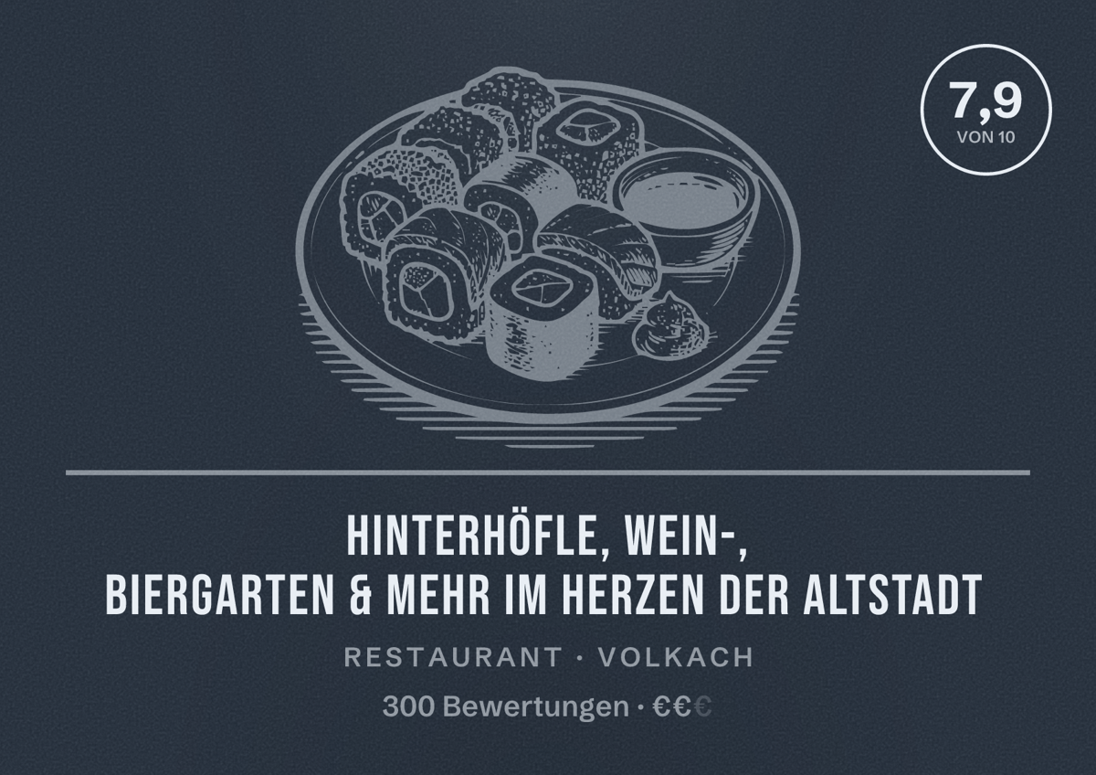 Illustriertes Poster von Hinterhöfle, Wein-, Biergarten & mehr im Herzen der Altstadt, Restaurant in Volkach: Bewertung 7,9 von 10 aus 300 Bewertungen, Preisniveau €€