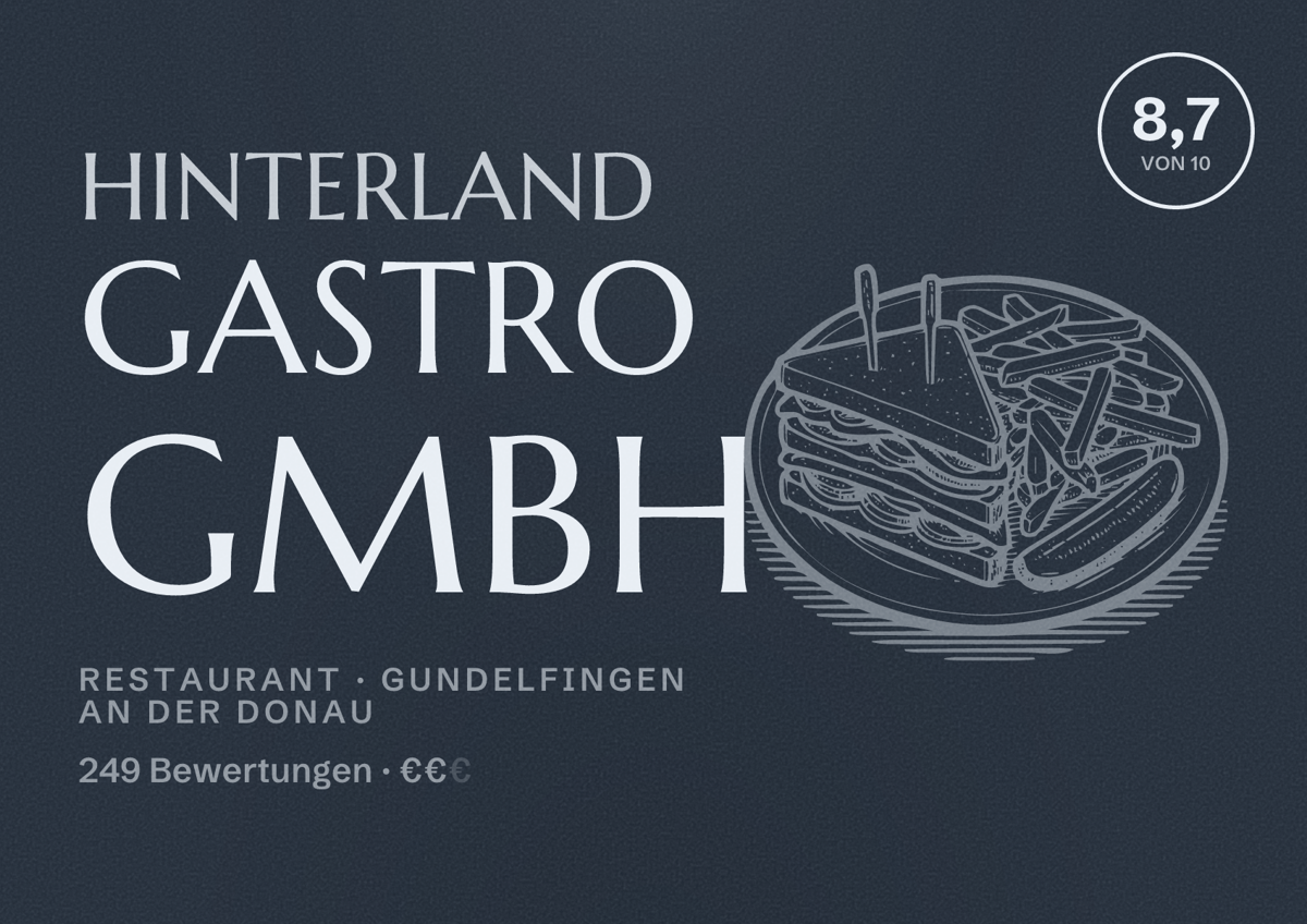 Illustriertes Poster von Hinterland Gastro GmbH, Restaurant in Gundelfingen an der Donau: Bewertung 8,7 von 10 aus 249 Bewertungen, Preisniveau €€