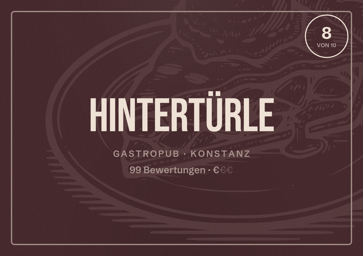 Illustriertes Poster von Hintertürle, Gastropub in Konstanz: Bewertung 8 von 10 aus 99 Bewertungen, Preisniveau €