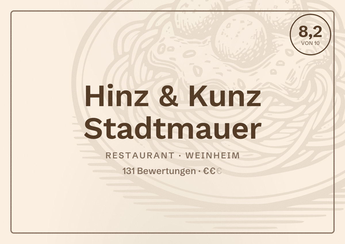 Illustriertes Poster von Hinz & Kunz Stadtmauer, Restaurant in Weinheim: Bewertung 8,2 von 10 aus 131 Bewertungen, Preisniveau €€