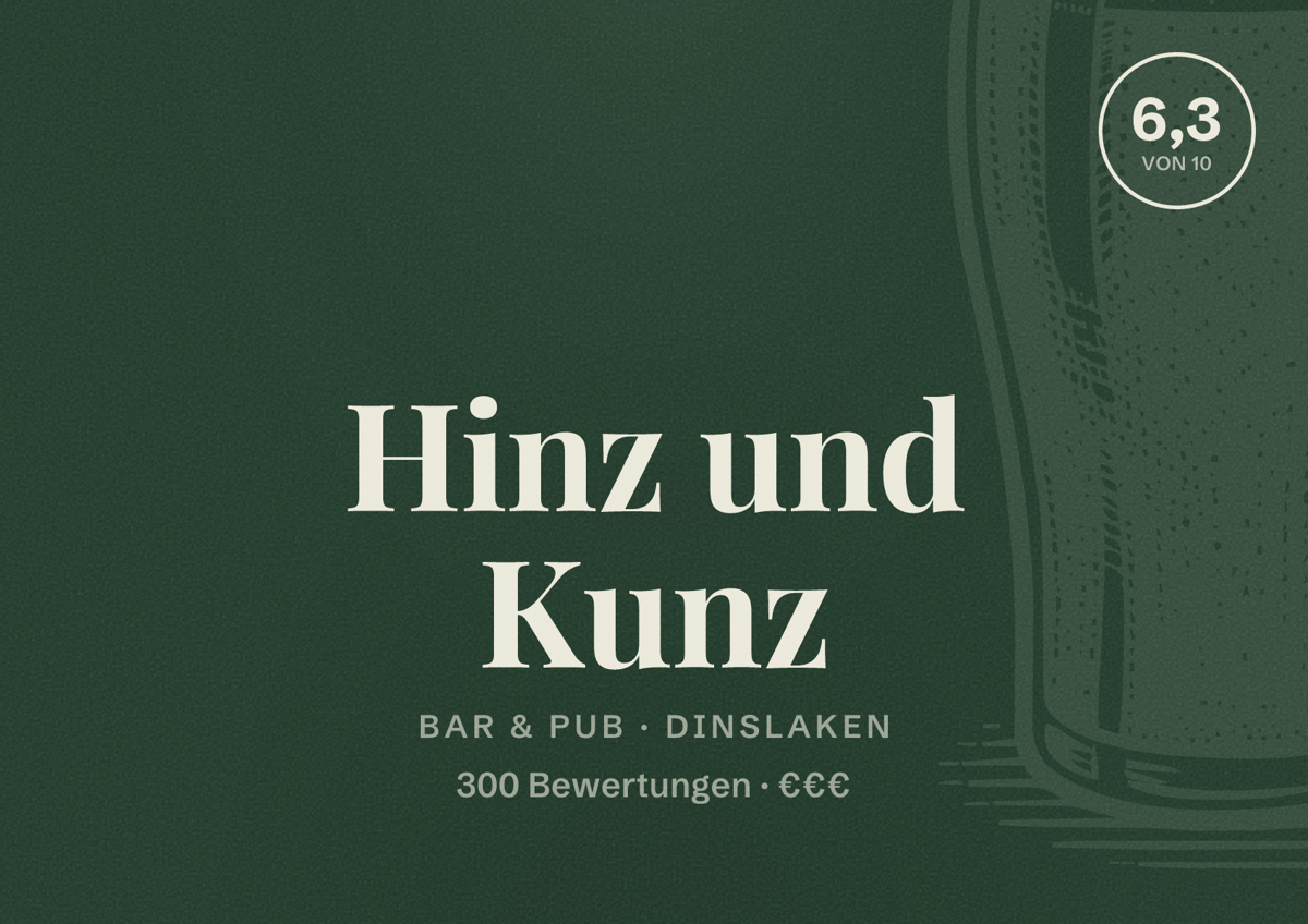 Illustriertes Poster von Hinz und Kunz, Bar & Pub in Dinslaken: Bewertung 6,3 von 10 aus 300 Bewertungen, Preisniveau €€€