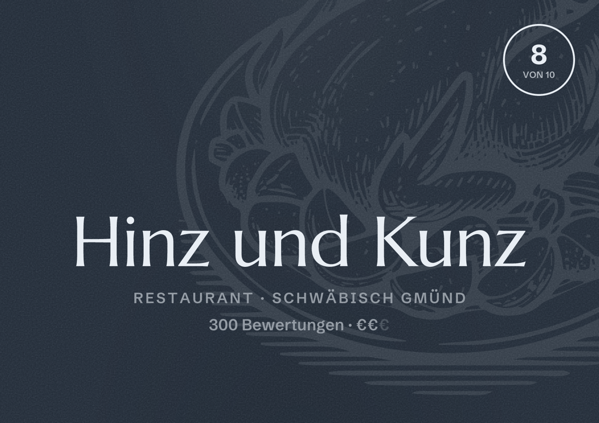 Illustriertes Poster von Hinz und Kunz, Restaurant in Schwäbisch Gmünd: Bewertung 8 von 10 aus 300 Bewertungen, Preisniveau €€