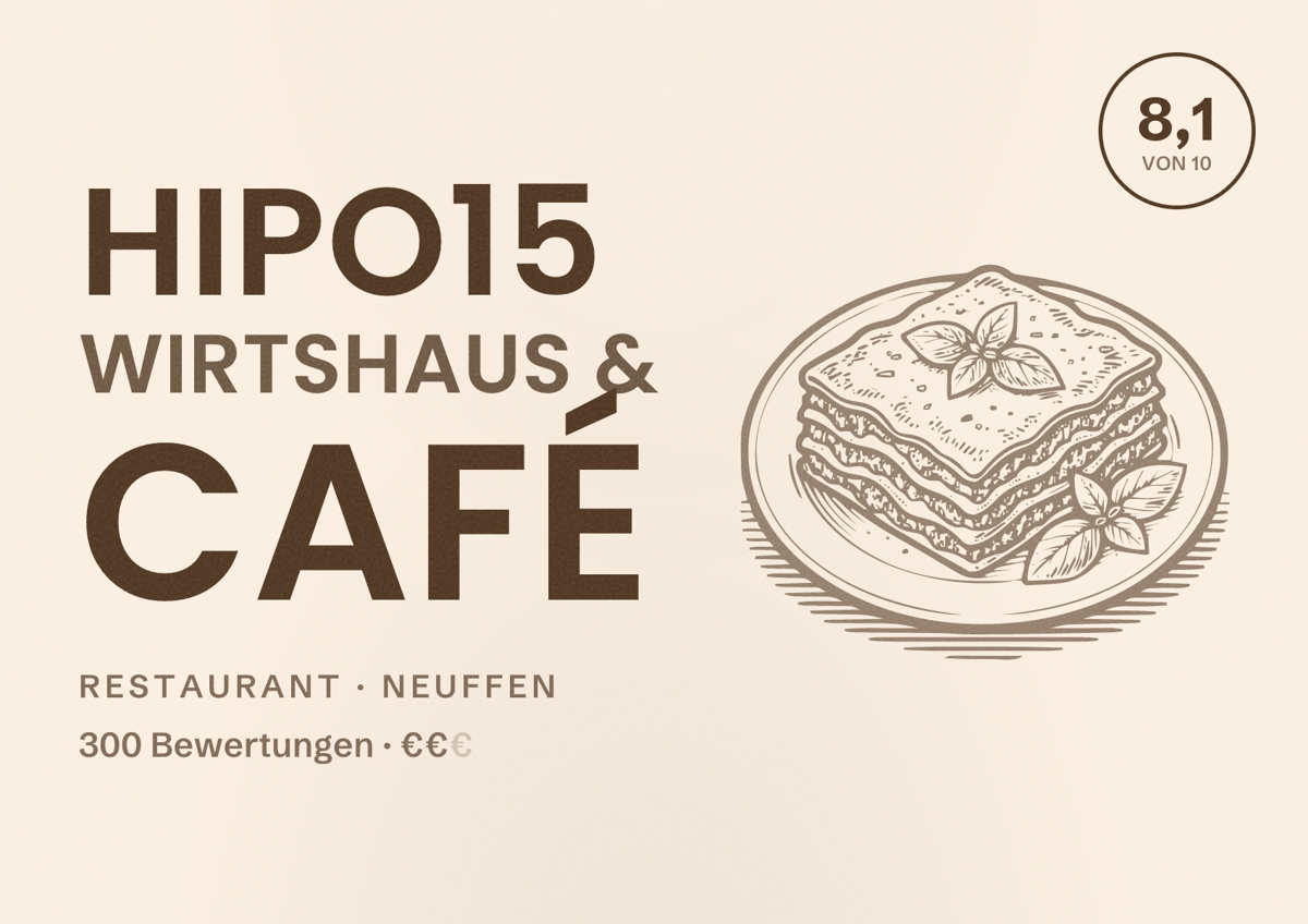 Illustriertes Poster von HIPO15 Wirtshaus & Café, Restaurant in Neuffen: Bewertung 8,1 von 10 aus 300 Bewertungen, Preisniveau €€